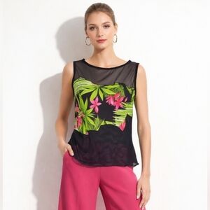 Joseph Ribkoff Top Blouse Tropical Floral Black Mesh Pink Green Size 8